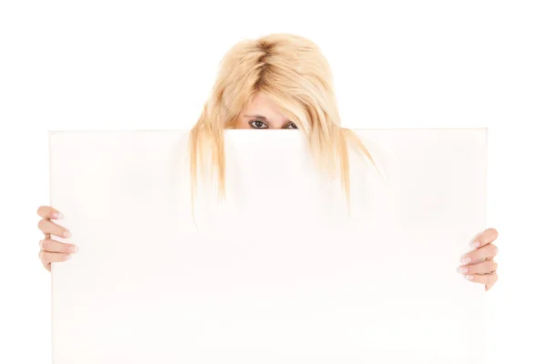 Blond woman show billboard — Stock Photo, Image