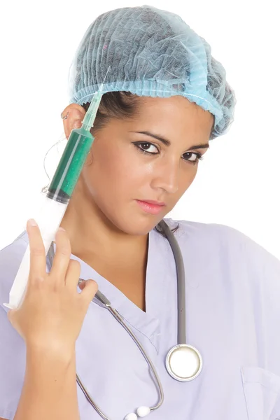 Enfermeira com enorme syringue — Fotografia de Stock
