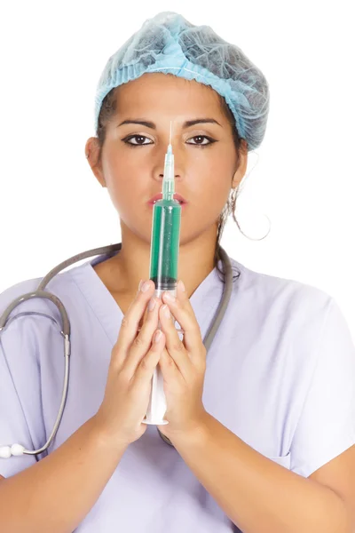 Nurse holding big syringe — Stock Photo, Image