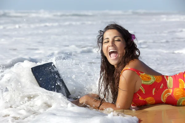 Woman with underproof laptop — Stock Photo, Image