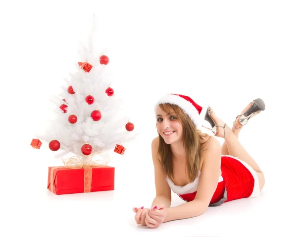 Kerstmis vrouw en boom — Stockfoto