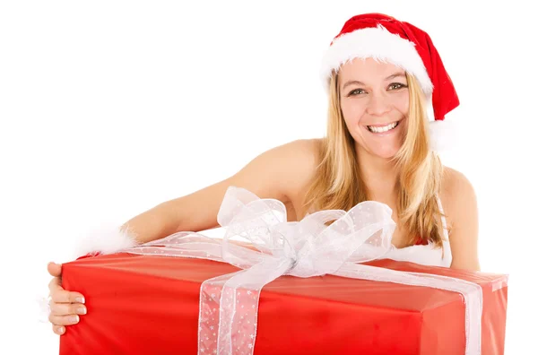 Christmas woman holding gift — Stock Photo, Image