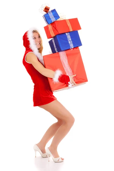 Mujer de Navidad llevando pila de regalo —  Fotos de Stock