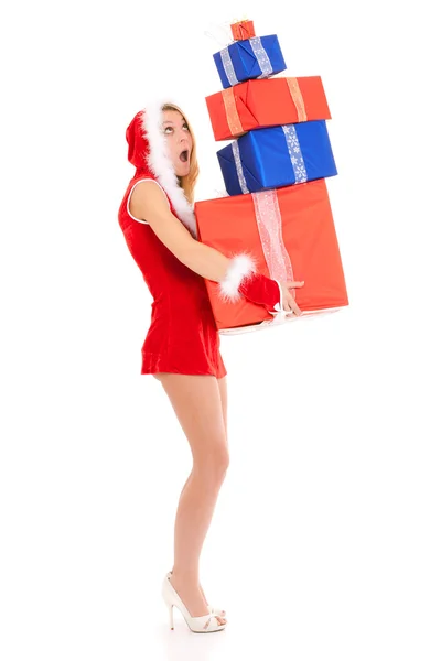 Christmas woman carrying gift pile — Stock Photo, Image