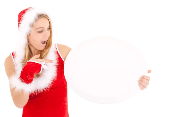 Weihnachtsfrau zeigt Werbung — Stockfoto