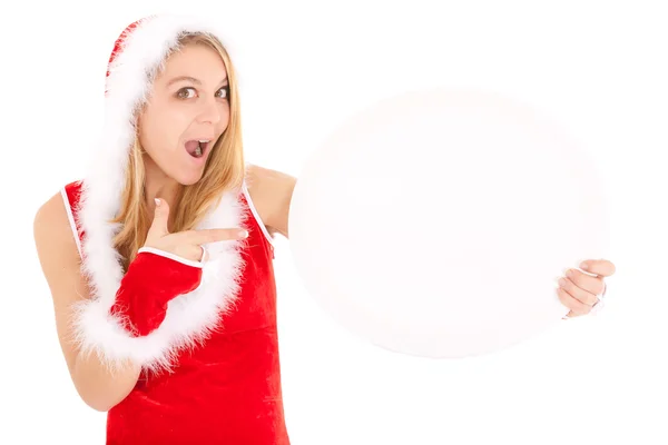 Christmas woman showing advert — Stock Photo, Image