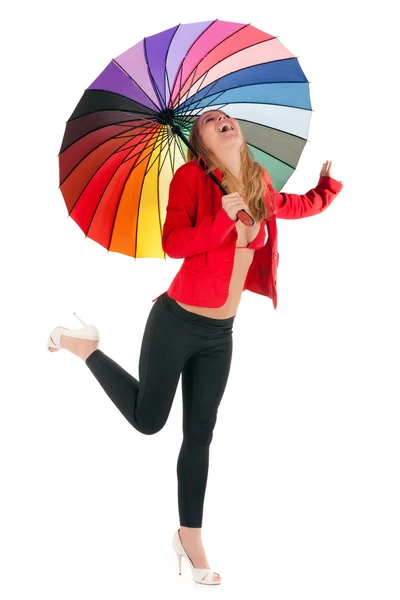 Donna con ombrello arcobaleno — Foto Stock