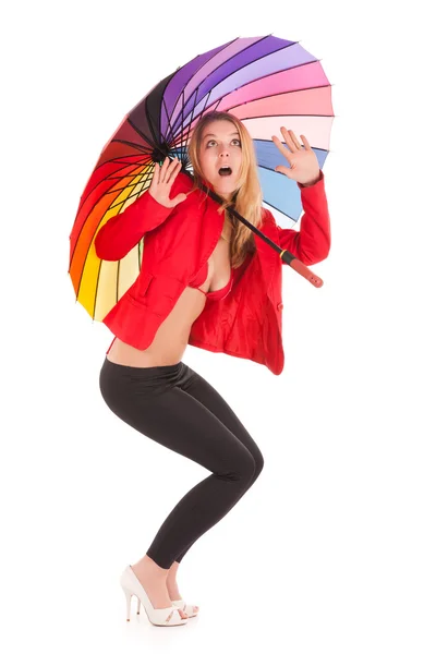 Frau mit Regenbogenschirm — Stockfoto
