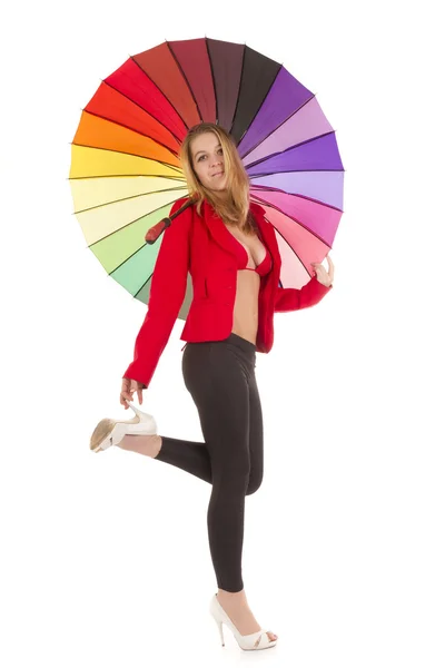 Mulher com guarda-chuva arco-íris — Fotografia de Stock