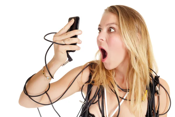 Shocked woman phoning — Stock Photo, Image