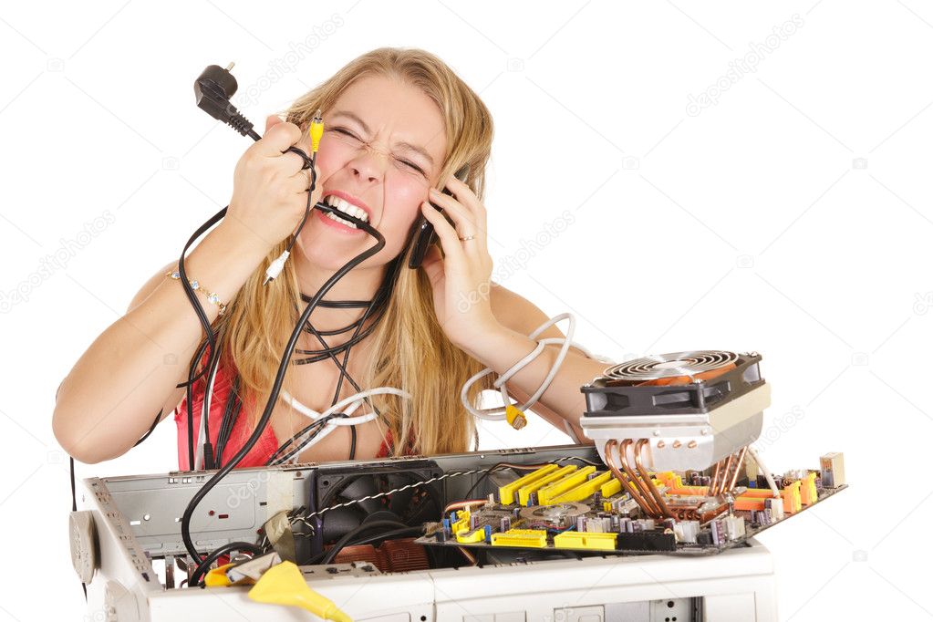 Blond woman repairing computer