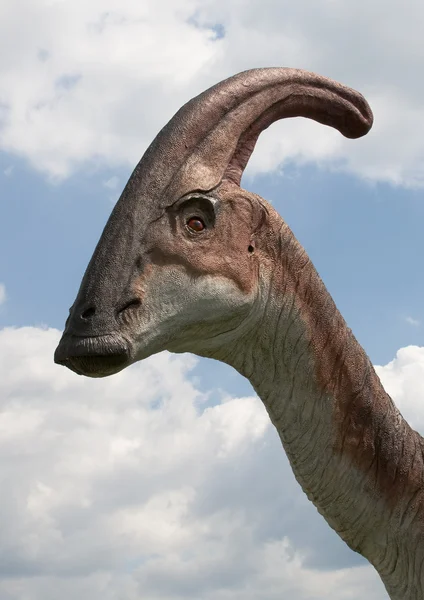 Cabeza de dinosaurio Parasaurolophus - fondo del cielo Imágenes de stock libres de derechos