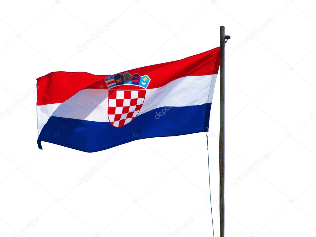 Flag of Croatia waving in the wind in front of white background