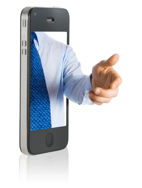 Рукопожатие в мобильном телефоне — стоковое фото