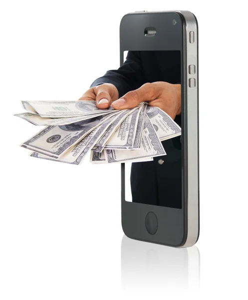 stock image Giving money over smart phone