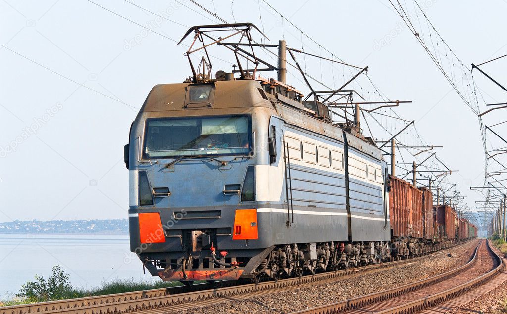 Freight train on a bank of the Dnieper