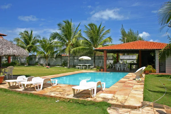 Casa piscina con palme ed erba — Foto Stock