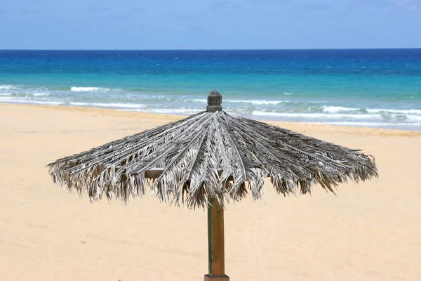 Solskydd på en strand med havet bakgrund — Stockfoto