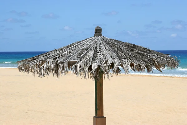Solskydd på en strand med sand och hav bakgrund — Stockfoto