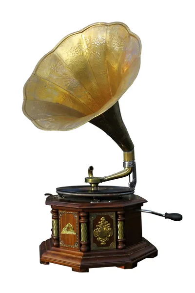 Antiguo fonógrafo de bronce sobre fondo blanco. Aislado — Foto de Stock