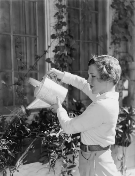 Mujer regando plantas en cajas de ventanas — Foto de Stock