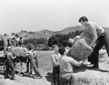 Men working on a farm loading hay clipart