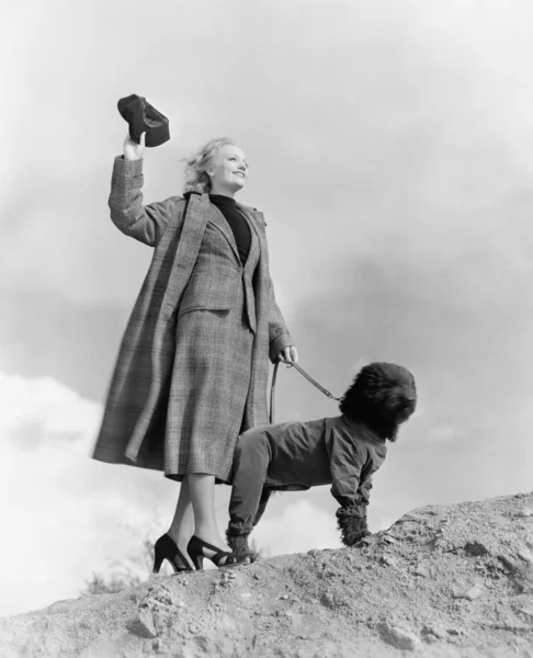 Женщина выгуливает собаку в ветреный день — стоковое фото