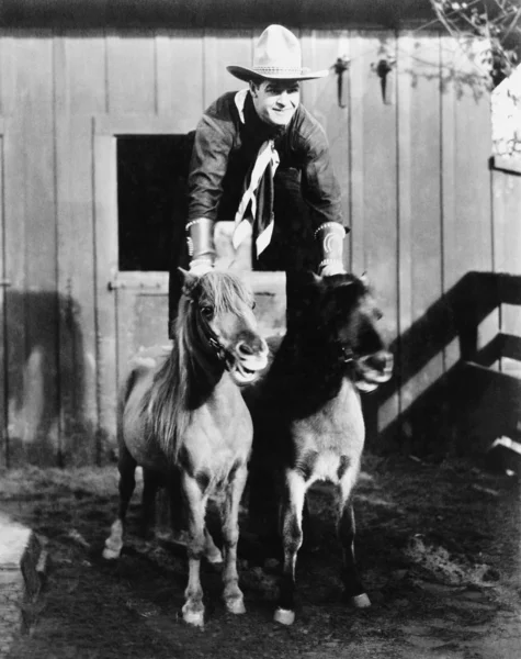 Um passeio de dois cavalos, Cowboy montando dois pôneis — Fotografia de Stock