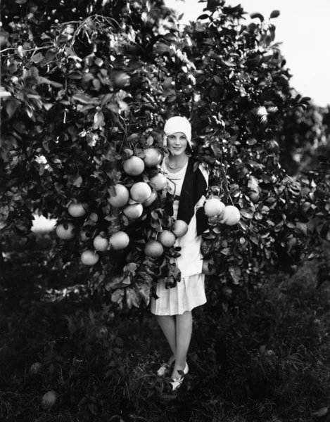 Porträtt av en ung kvinna håller grapefrukt och står i en fruktträdgård — Stockfoto