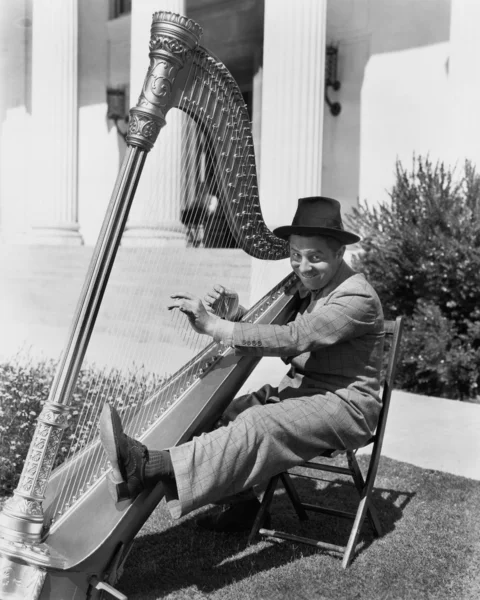 Perfil de um homem tocando uma harpa e sorrindo — Fotografia de Stock