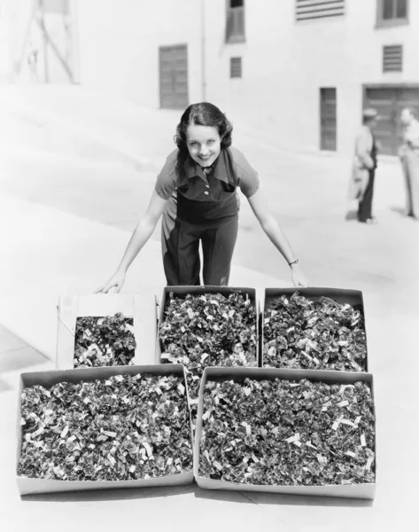 Νεαρή γυναίκα παρουσιάζοντας παπαρούνες σε ένα κουτί — Φωτογραφία Αρχείου