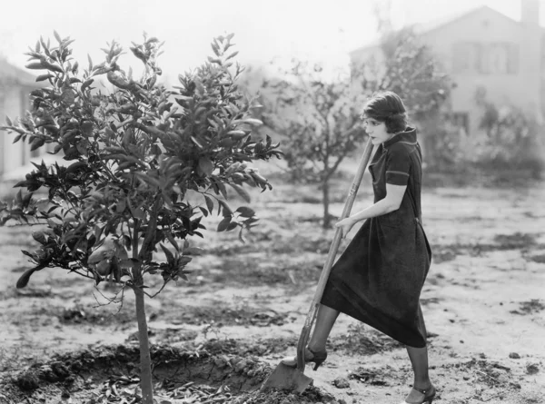 Jovem mulher em um jardim fazendo jardinagem — Fotografia de Stock