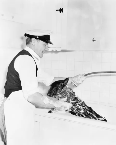 Muž mytí svého psa ve vaně — Stock fotografie