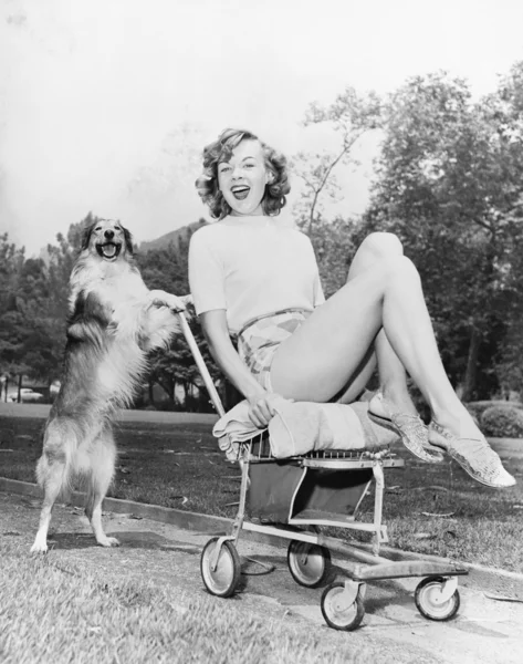 Mujer joven y su perro mascota insistente — Foto de Stock