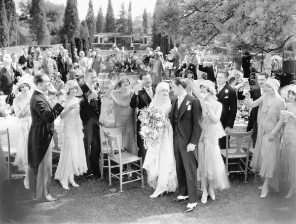 Festa de casamento brindar à noiva e ao noivo — Fotografia de Stock