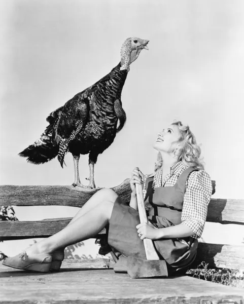 Live turkey and woman with axe Stock Image