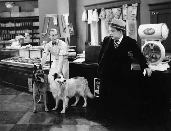 Man op zoek angstig op twee honden in een slager-winkel Stockfoto
