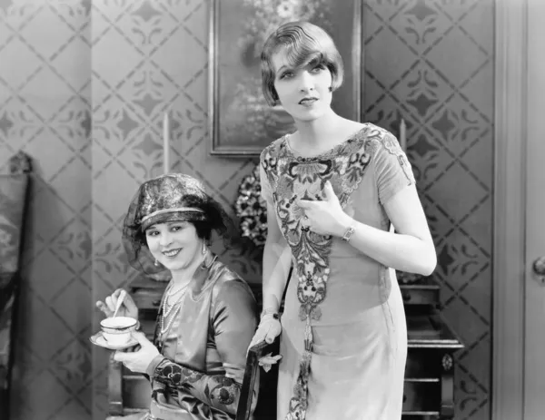 Две женщины, стоящие вместе в гостиной Стоковая Картинка