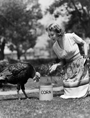 Woman luring turkey to hatchet with corn clipart