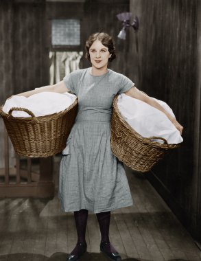 Woman carrying laundry baskets clipart