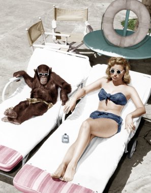 Chimpanzee and a woman sunbathing clipart