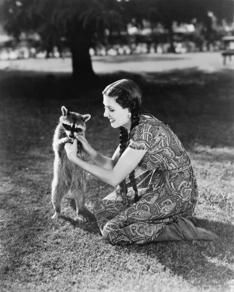 Mujer arrodillada en el césped jugando con un mapache manso — Foto de Stock