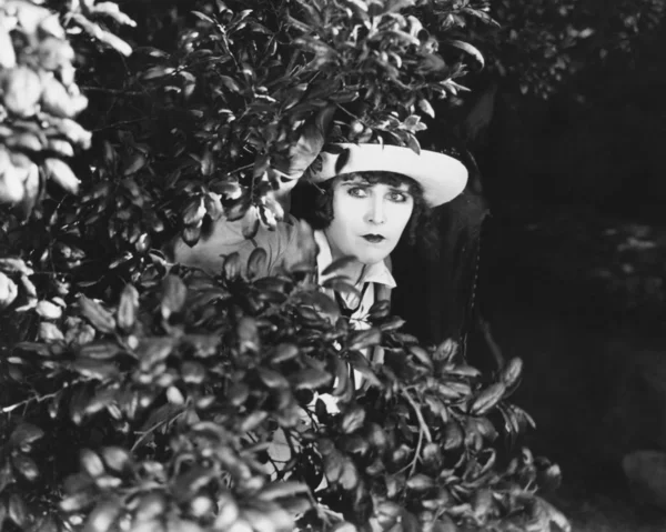 Femme regardant à travers les buissons — Photo