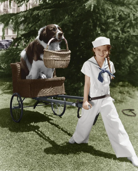 Flicka i sjöman kostym drar hunden i korg — Stockfoto