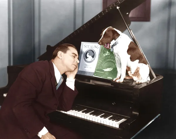 Adam uyurken Piano ile köpek — Stok fotoğraf