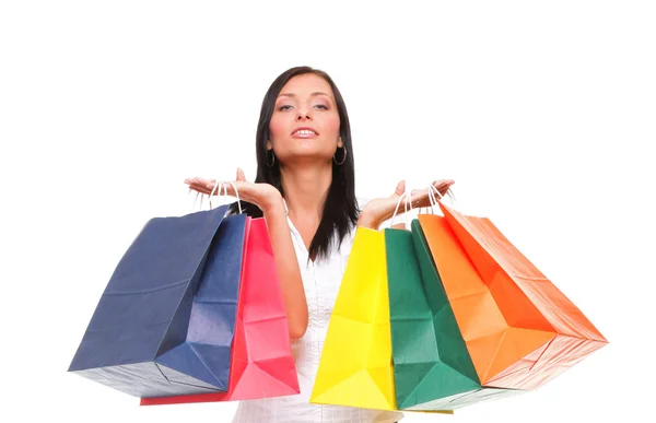 Portrét veselá žena drží nákupní tašky — Stock fotografie