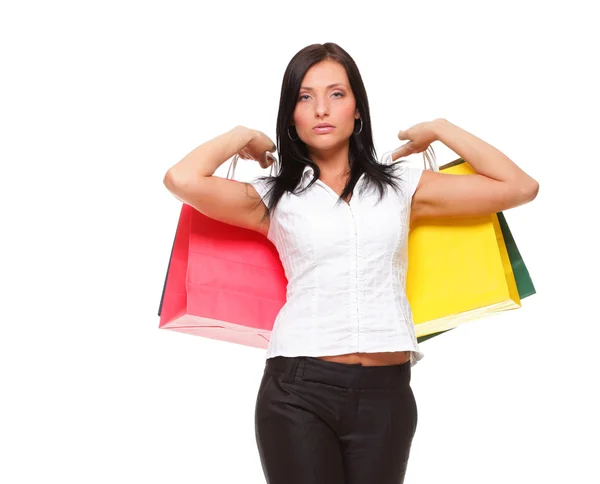 Vrolijke vrouw portret met shopping tassen — Stockfoto