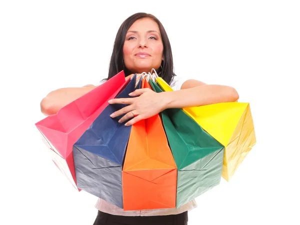 Retrato mujer alegre sosteniendo bolsas de compras —  Fotos de Stock