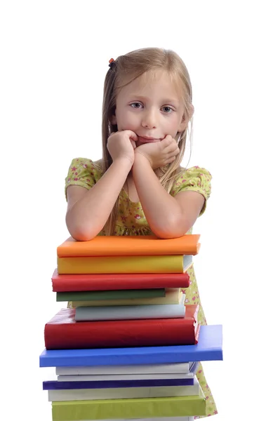 Torna a scuola: ragazza con mucchio di libri — Foto Stock