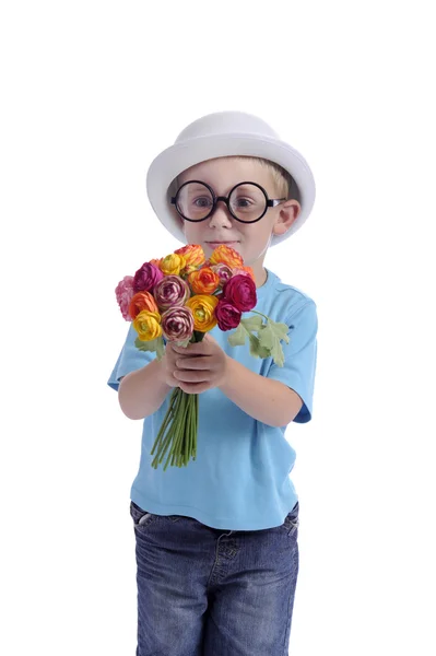 Mothers day: younb voy with flowers — Stock Photo, Image
